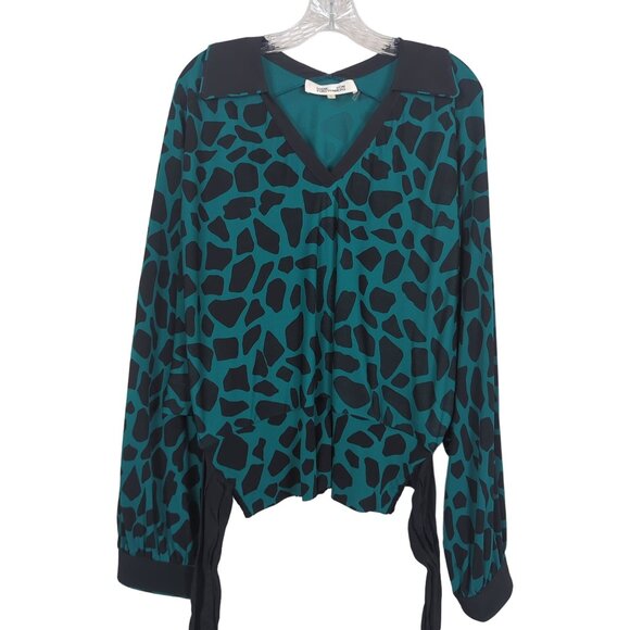 Diane Von Furstenberg Teal Black Animal Print Blouse V-Neck‎ Tie Waist L - Picture 3 of 15